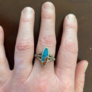 Silver, Turquoise and Blood Coral inlay ring.